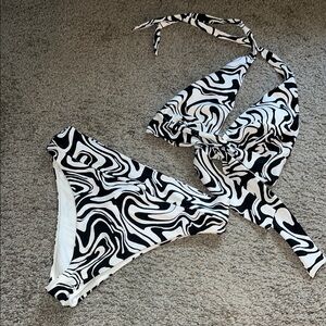 Black and White Swirl High Waist Bikini Set